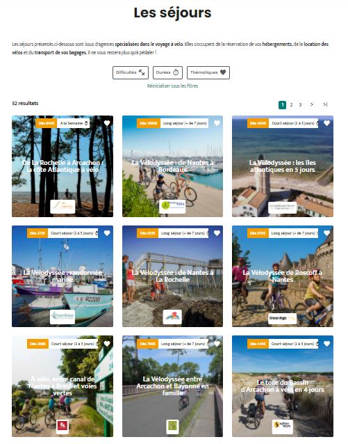 Capture écran de la page &quot;Les séjours&quot; du site Internet La Vélodyssée